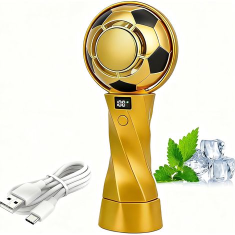 Ventilateur Brumisateur à Main Football, Mini Ventilateur Portable avec Spray Cooling Effect, 6 Vitesses, Écran LED, Moteur sans Balais, Ventilateur de Poche pour Coupe du Monde, Sport (Or)