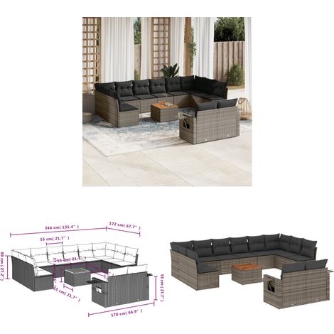 13-tlg. Garten-Sofagarnitur mit Kissen Grau Poly Rattan - Gartenmöbel Set - PE-Rattan Möbel - Outdoor Lounge - Esszimmergarnitur - Balkonmöbel - Home & Living (1/3)