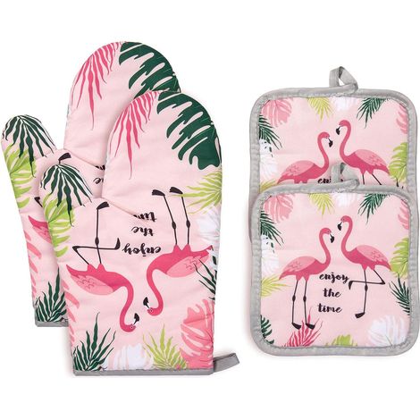 Ofenhandschuhe + Topflappen aus Baumwolle, hitzebeständig, für Backofen/Grill/Kochen, Flamingo-Muster