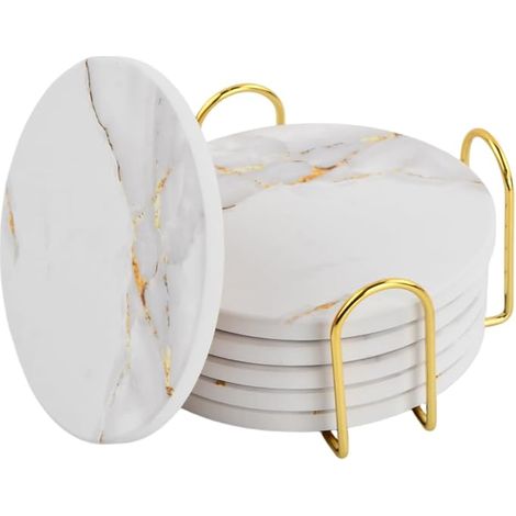 dessous de verre en céramique de style marbre avec support - Dessous de verre absorbants - Décoration rustique et moderne - Pour tables basses, bars et fermes (1/5)