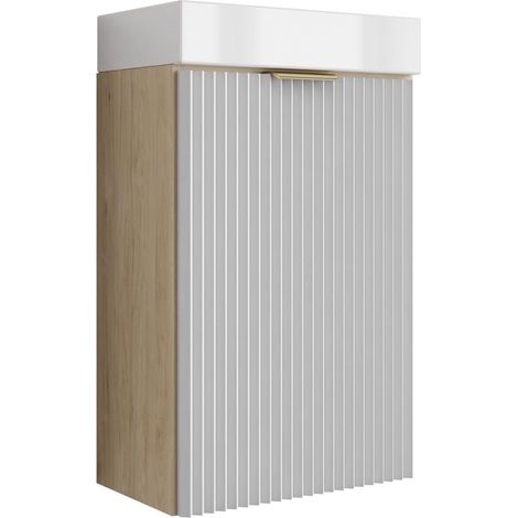 Mobile da bagno con frontale scanalato 40 cm con lavabo, noce chiaro (MDF), con frontale bianco, con maniglia dorata, 40,5 × 22,5 × 57 cm (1/5)