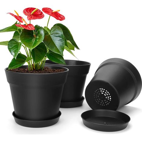 Set mit 3 schwarzen Blumentöpfen mit Untersetzern, 15 cm, für Zimmer- und Gartenpflanzen, für Blumen, Kräuter, Bonsai, Orchideen (1/5)