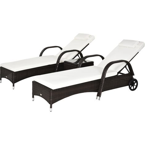 3 Pieces PE Rattan Patio Lounge Chair Set, Outdoor Recliner Lounge Chairs Wheels, for Outside Cushions, Headrest, Coffee Table for Garden, Poolside, Brown (1/5)