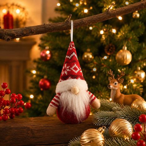 Weihnachtsschmuck, Zwergenfiguren, Rudolph, gesichtslose alte Männer als Ornamente, Weihnachtsbaumschmuck