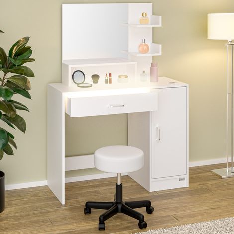 CASARIA® Schminktisch Jocelyn mit Hocker LED-Beleuchtung Spiegel Schublade 3 Ablagen Make-up Kosmetiktisch Frisiertisch Schminkkommode Holz Weiß  mit Hocker