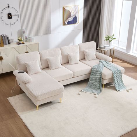 Sofá esquinero de 4 plazas con 4 cojines, sofá en forma de U con iluminación LED, puerto USB, tapizado en pana, 265×135×88 cm, beige