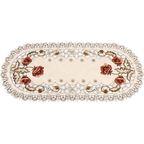 Chemin de table ovale brodé de fleurs rouges ajourées, décoration de table (1/5)
