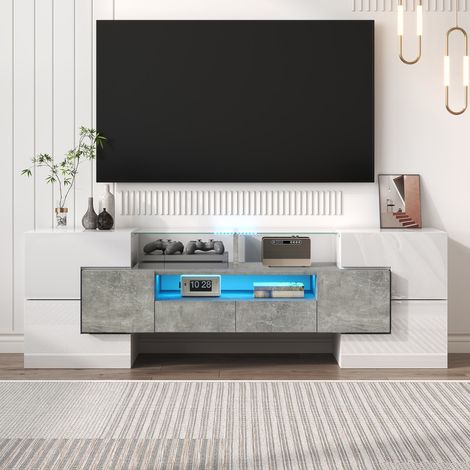 Meuble TV blanc brillant et effet béton 145 x 30 x 51 cm avec LED multicolore, 6 portes, 2 tiroirs et 3 rangements (1/5)