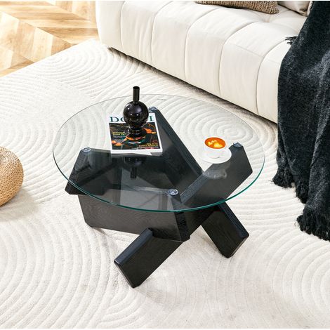 Runder Couchtisch 79 cm aus MDF und gehärtetem Glas, transparente Platte, schwarze Kreuzbasis HAVRYA (1/5)
