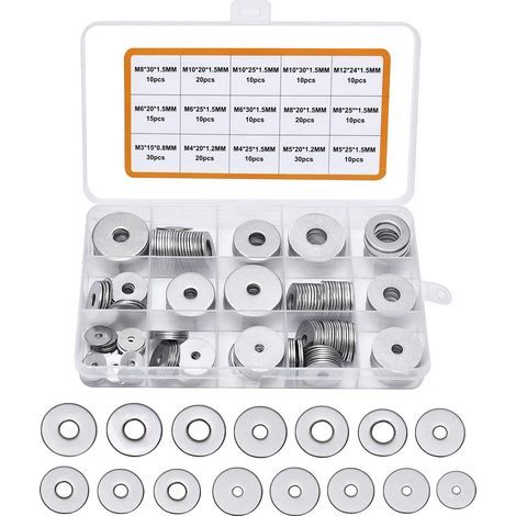 225-teiliges Sortiment an Unterlegscheiben aus Edelstahl 304, M3 M4 M5 M6 M8 M10 M12 Unterlegscheiben für Schraubdichtungsringe - Lieferung in Box (Grau) (1/5)