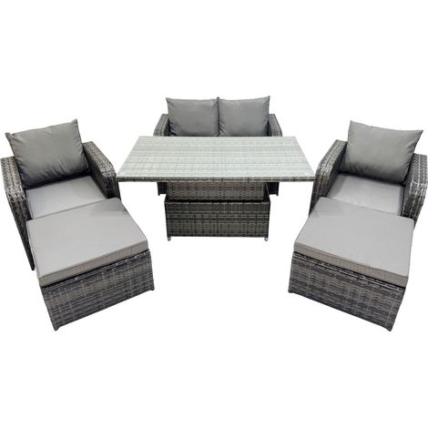 Fimous 6-seater Patio Height Adjustable Rising Lifting Table Sofa Sets Rattan Garden Furniture Dining Set with 2 Big Footstool Dark Grey Mixed (1/5)