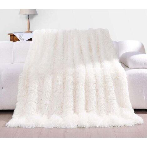 Couverture 160x200 cm, Plaid Polaire Super Douce et Duveteux, Fausse Fourrure Haute Qualité, Couvre-Lits et Canape, Blanc Crème (1/4)