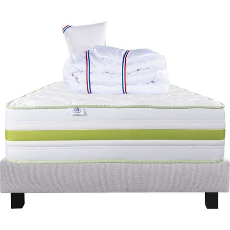 Ensemble Matelas Rêverie, 30 cm, mousses haute densité, ferme, face été/hiver + sommier gris ep20cm + oreiller + couette, 90x190cm (1/5)