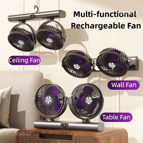 Ventilateur USB Rechargeable Portable 3 en 1 à Double Tête Pivotante, 3 Vitesses, Veilleuse LED, Ventilateur de Bureau (1/5)