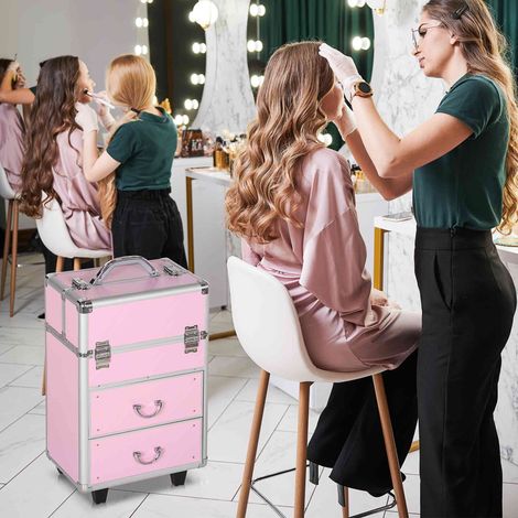 Valise trolley maquillage mallette cosmétique vanity poignée télescopique réglable 36L x 23l x 58H centimètres alu ABS rose