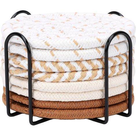 Ensemble de 8 sous-verres ronds de 11 cm (4,3 pouces) en coton tissé absorbant avec support pour protéger votre table basse ou votre table à manger. (1/5)