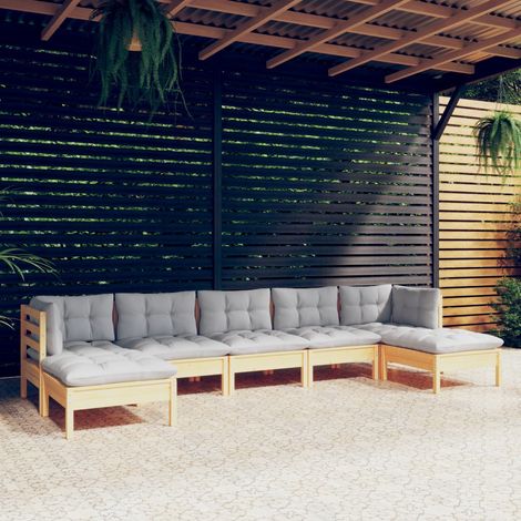 7 pcs Salon de jardin, Ensemble table et chaises de jardin, Meuble de jardin avec coussins gris bois de pin MKW147947 (1/5)
