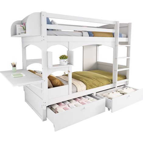 CAIziLit superposé pour enfants, lit double multifonctionnel, avec bureau rabattable et étagère, avec échelle et 2 tiroirs, sans matelas, sommiers en bois massif, blanc, 90200 (1/5)