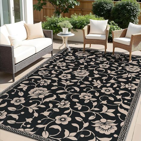 Tapis de jardin imperméable à motif floral 150 x 240 cm, noir et beige Tapis d'extérieur résistant aux UV en paille en plastique réversible pour balcon, camping, pique-nique, jardin (1/5)