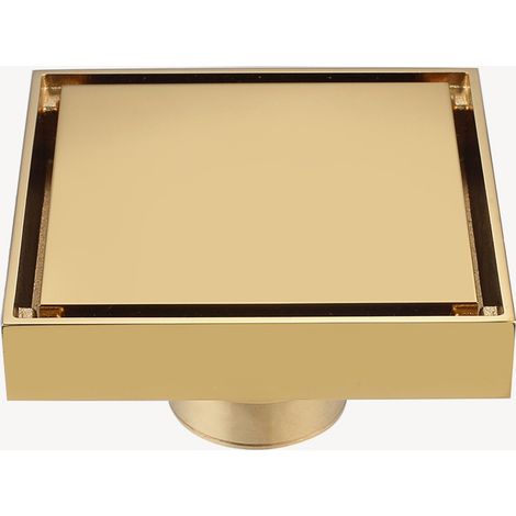 Kroos – Siphon de sol carré 100x100 mm en laiton doré – Sortie verticale 40,5 mm – Installation rapide pour salle de bain moderne