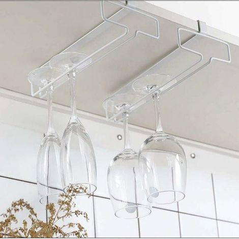 Porte-Verre - Vin - Suspendu Sous Armoire - Jusqu'à 4 Verres - Fer - Blanc - 2 Pièces (1/4)