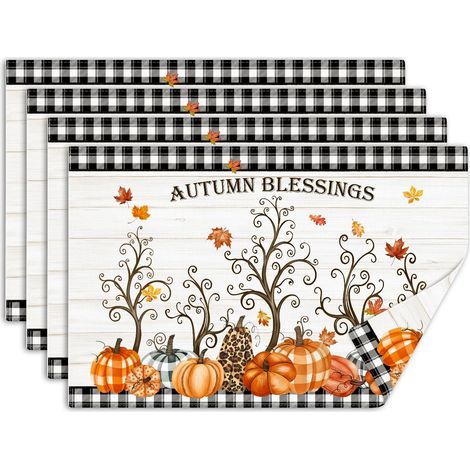 Lot de 4 Sets de Table Citrouille à Écossais d’Automne, sous Assiette de Table Arbre, Dessous Assietter Lavable Absorbant en Lin pour Cuisine, Salle à Manger, Fêtes Décoration 30x45cm (1/5)