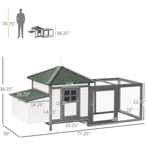 Poulailler en bois gris de 195 cm avec nichoir, mignon poulailler d'extérieur avec plateau amovible et rampe d'accÚs pour jardin ou cour (1/5)