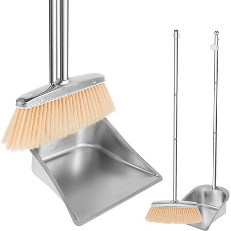 Balayeuse et pelle à poussière - Pelle verticale et balai en acier inoxydable avec manche de 118 cm - Nettoyage à la maison, bureau, véranda, terrasse (1/5)