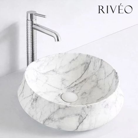 Vasque à poser ronde 45,5 x 45,5 cm effet marbre blanc en céramique avec bonde clic-clac blanche incluse (1/5)