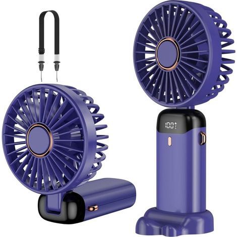 Tragbarer, per USB aufladbarer Ventilator, 5 Geschwindigkeitsstufen, mit integriertem Standfuß, 4200-mAh-Akku, faltbar, für Büro und Outdoor-Aktivitäten – Lila (1/5)