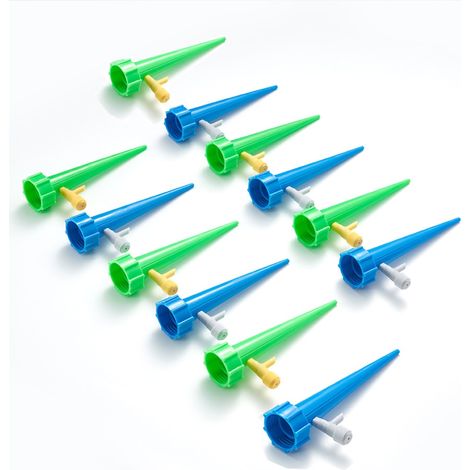 Paquete de 12 goteros con válvula, de plástico, ajustables, color azul/verde. (1/5)