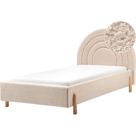 Cama con somier cabecero semicircular tamaño individual 90 x 200 cm tapizado bouclé retro patas madera beige Anet