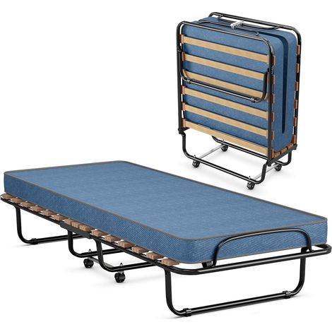 COSTWAY Cama Plegable con Colchón 80 x190cm, Cama Supletoria Plegable con Ruedas, Colchón en Memory Foam, Estructura Resistente y 4 Ruedas Giratorias, Cama Individual Adultos y Niños, 130kg (Azul) (1/5)