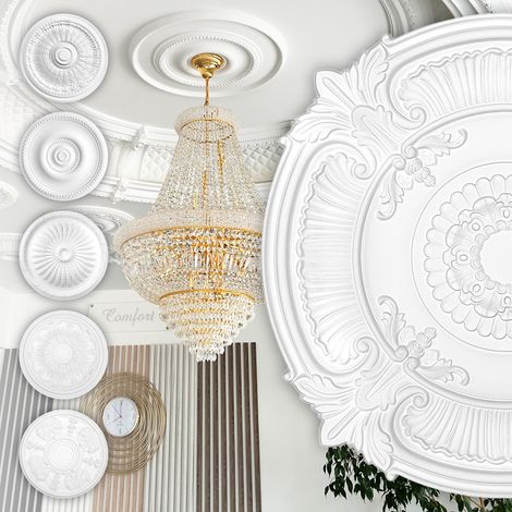 HEXIM Perfect Stuckrosette aus PU, B3048 bis B3121 weiß - Deckenrosette Stuck Wanddeko Wohnzimmer: B3096 - Ø 775mm