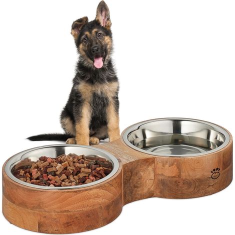Relaxdays Dog Feeding Station, Double Bowls, Stainless Steel and Wood, Dishwasher-Safe, 8 x 48 x 22 cm, Natural/Silver
