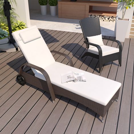 Chaise longue d'extérieur en rotin avec dossier réglable et roulettes (1/5)