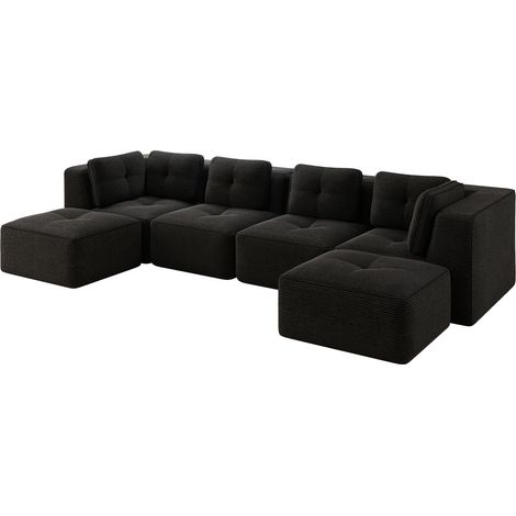 Sofá modular en U sin montaje, con chaise longue, terciopelo negro, 386 x 177 x 69 cm, HOMVRA (1/5)