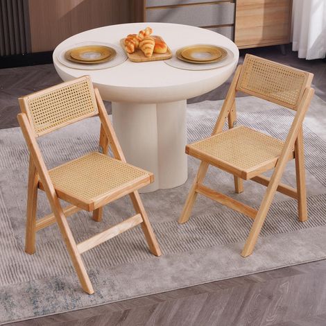 2er Set Klappstühle Holz Rattan Mid-Century Modern Esszimmerstühle ohne Armlehne (1/5)