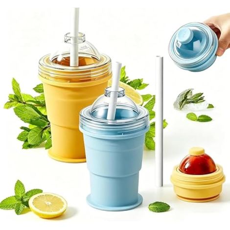 Moule à glaons pliable 2 en 1 en silicone avec paille et couvercle anti-fuite, bouteille d'eau portable de 325 ml pour café, salle de sport, voyage, camping, extérieur (mélange) (1/5)