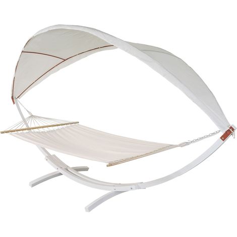 Hängematte HHG-675, Hängeschaukel bis 200kg Sonnendach MVG-Holzgestell 420cm 2 Personen weiß, creme-weiß