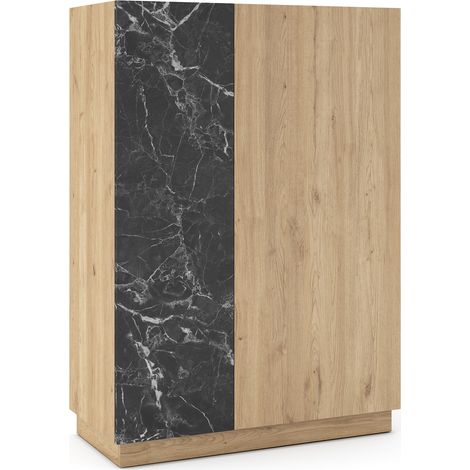 Buffet, meuble de rangement aspect bois avec 2 portes coloris naturel et effet marbre noir - Longueur 90 x Profondeur 41,8 x Hauteur 127 cm (1/5)