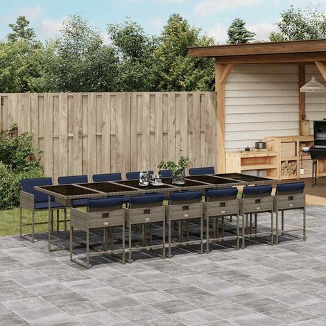 Ensemble repas de jardin 13 pièces en résine tressée gris avec coussins bleu marine, 139.2kg - PANGIVO (1/5)
