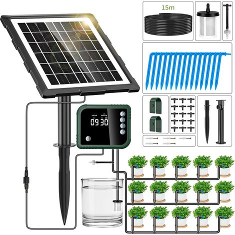 Kit Arrosage Automatique Solaire avec Contrôleur, 350 Modes Système D'irrigation Goutte à Goutte avec 15M Tuyau Arrosage Automatique pour Jardin, Balcon, Plantes (1/5)