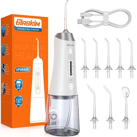 Jet Dentaire Hydropulseur et Irrigateurs Oral Water Flossor Blanc Portable avec 4 Modes de Nettoyage, Réservoir 320ML Grande Capacité, IPX7 Etanche, Portable pour Maison (1/5)
