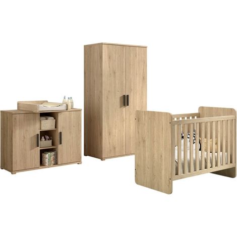 MARCO - Chambre Bébé Lit 60x120cm + Meuble à langer + Armoire 2P Aspect Chêne clair