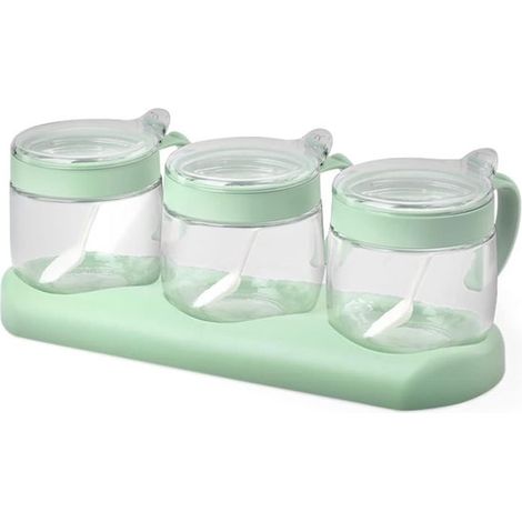 3 grüne Gewürzgläser aus Glas – 350 ml (12 oz) mit Deckel und Löffel, transparent für Salz, Pfeffer und die Küchenarbeitsplatte (1/5)