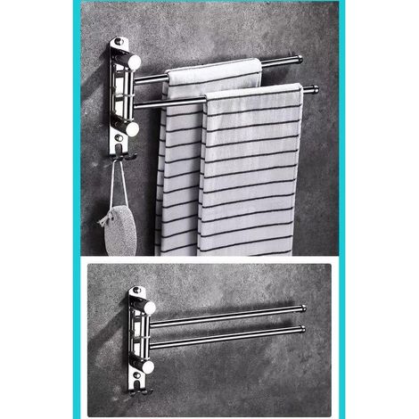 Porte-Serviette Pivotant Mural En Acier Inoxydable - 2 Tiges - Avec Crochet et Capuchon Antidérapant - Étanche - Argenté - Pour Salle de Bain, Cuisine, Salle de Bain (1/5)