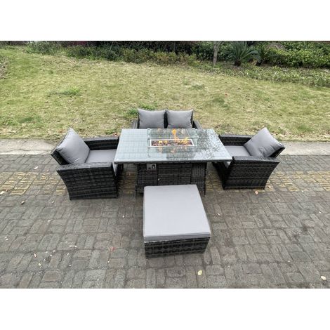 Fimous Rattan Outdoor Furniture Gas Fire Pit Rectangle Dining Table Gas Heater Chairs Two Seater Love Sofa Sets Big Footstools 5 Seater (1/5)
