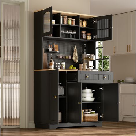 Haut buffet de cuisine noir avec porte, étagères réglables, panneau perforé, 103,5 x 40 x 180 cm (1/5)