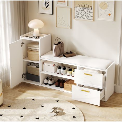 Schuhschrank (128 x 30 x 68 cm), mit 2 Schubladen, 1 Schrank, 2-stöckigem Schuhregal, Spanplatte, Weiß (1/5)